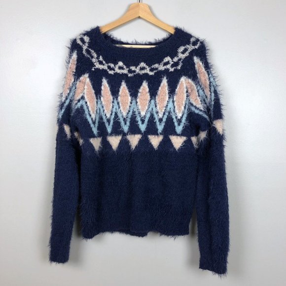 Lauren Conrad Fuzzy Knit Sweater Geometric Pullover Sz M Womens Blue Pink Argyle - Picture 1 of 8